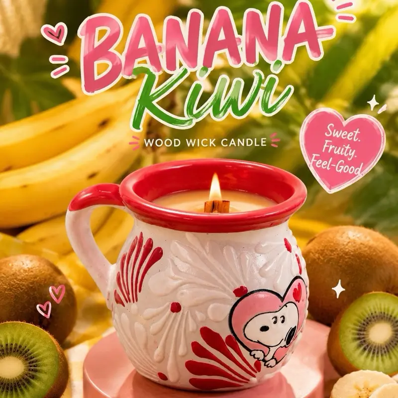 Blue Mist Botanicals Luxury Coconut Wax Banana Kiwi Heart Mug Wood-Wick Candle - Home Decor Fragrance Aroma Scent Freshener Item