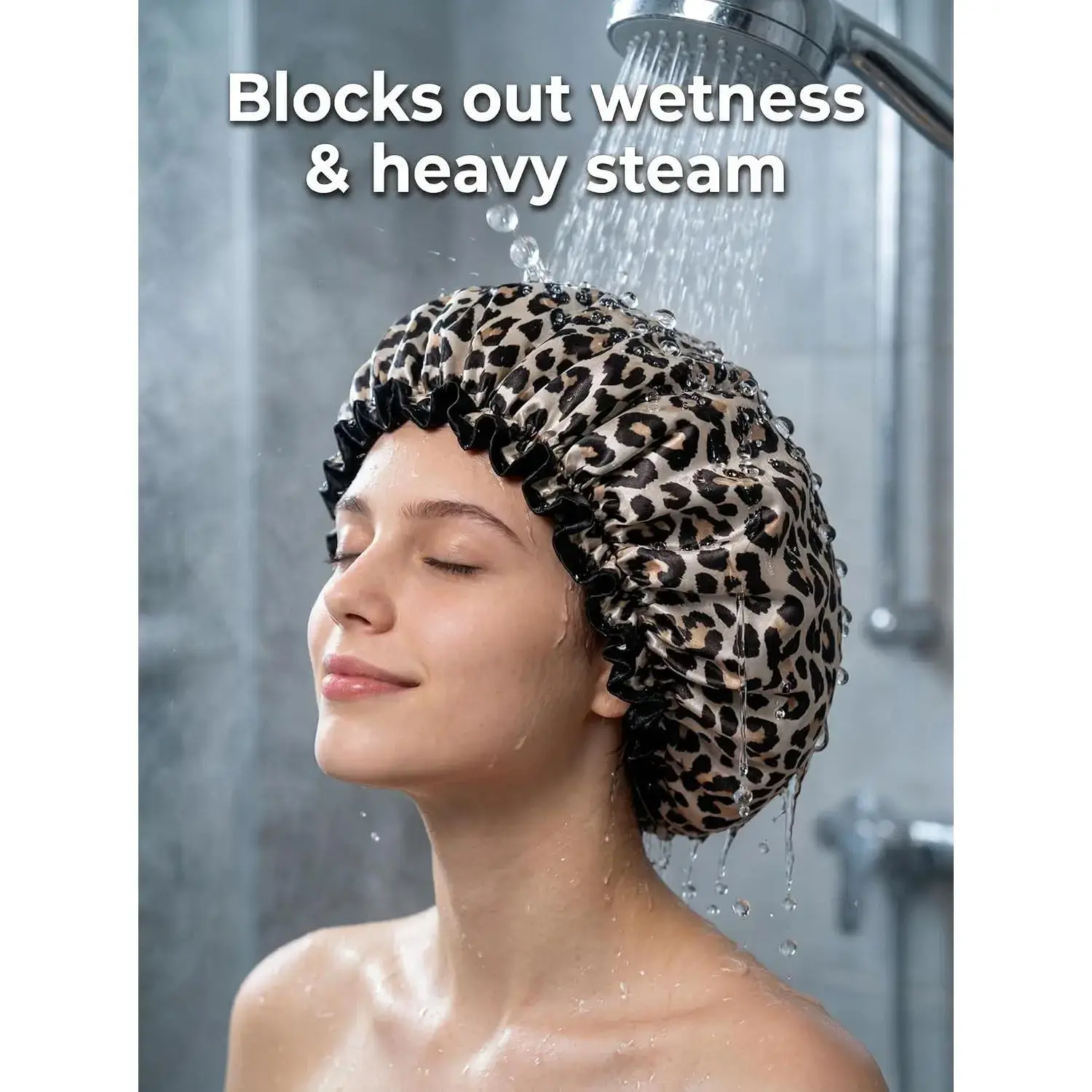 Large Size Reusable Waterproof Leopard Print Shower Cap - Dual-Layer Ruffle Edge Cover, Compact Fold Bathroom Tool, Non-Disposable Home Supply for Long Hair, Skincare, Long-Haired Users