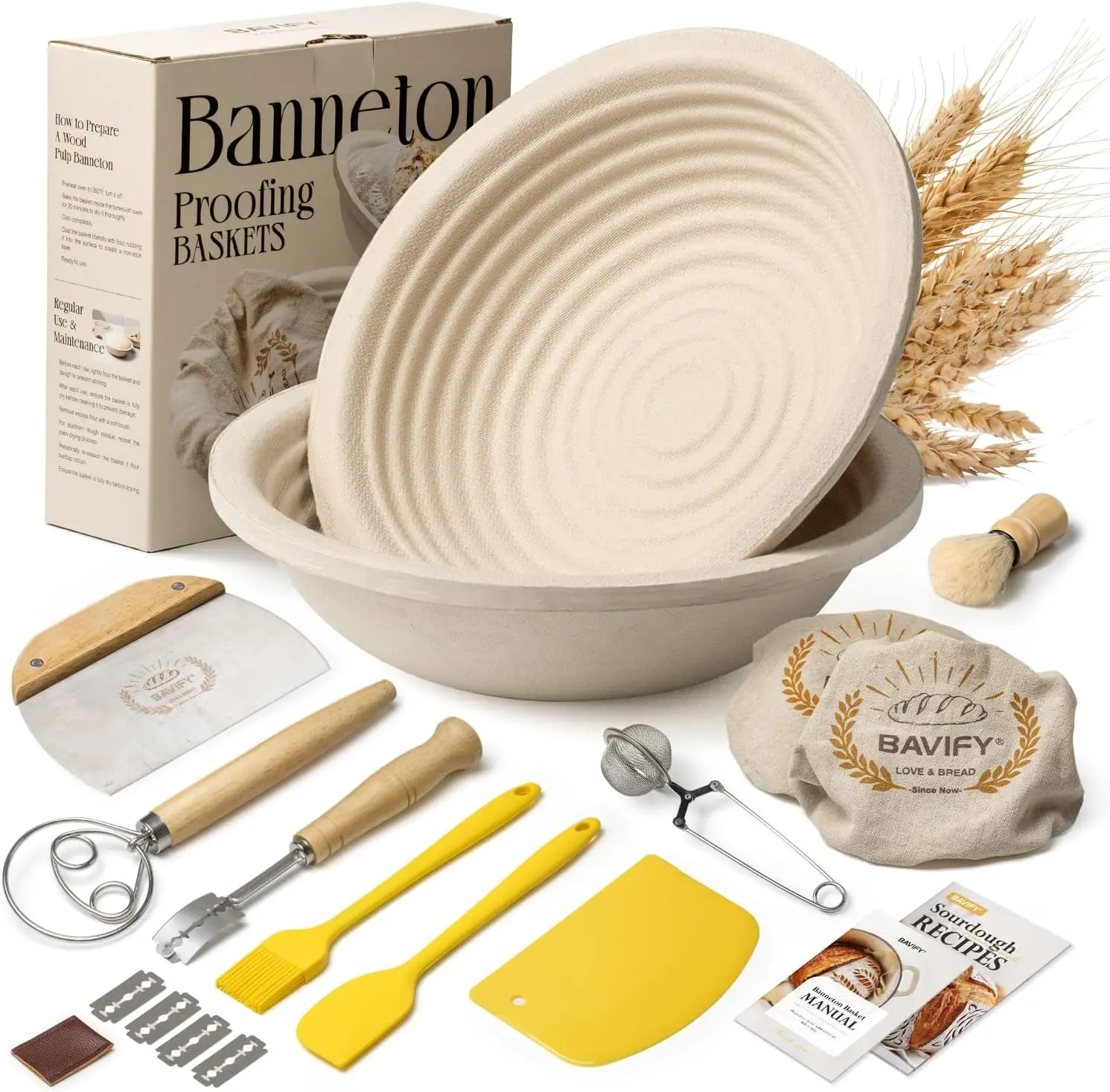 9-Inch Eco-Friendly Round Wood Pulp Banneton Bread Basket Set - Non-Stick Silicone Dough Bowl, Stainless Steel Sourdough Starter, Dough Mixer, Baking Brush, Easy-Maintain Kit for Housewarming Gifts, Birthdays (All Seasons Bake Essentials)