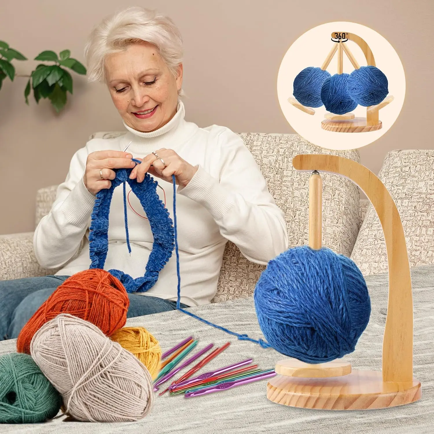 Wooden Yarn Ball Winder, Magnetic Rotating Yarn Holder Spinner, Easy Assembly Knitting & Crochet Supplies with Stable Base, Detachable Yarn Dispenser, Rustic Craft Gift for Knitting Hobby Enthusiasts
