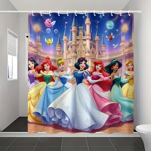 DISNEY CLASSIC Princesses Shower Curtain, Magical Castle - Backdropped Design with Popular Princesses