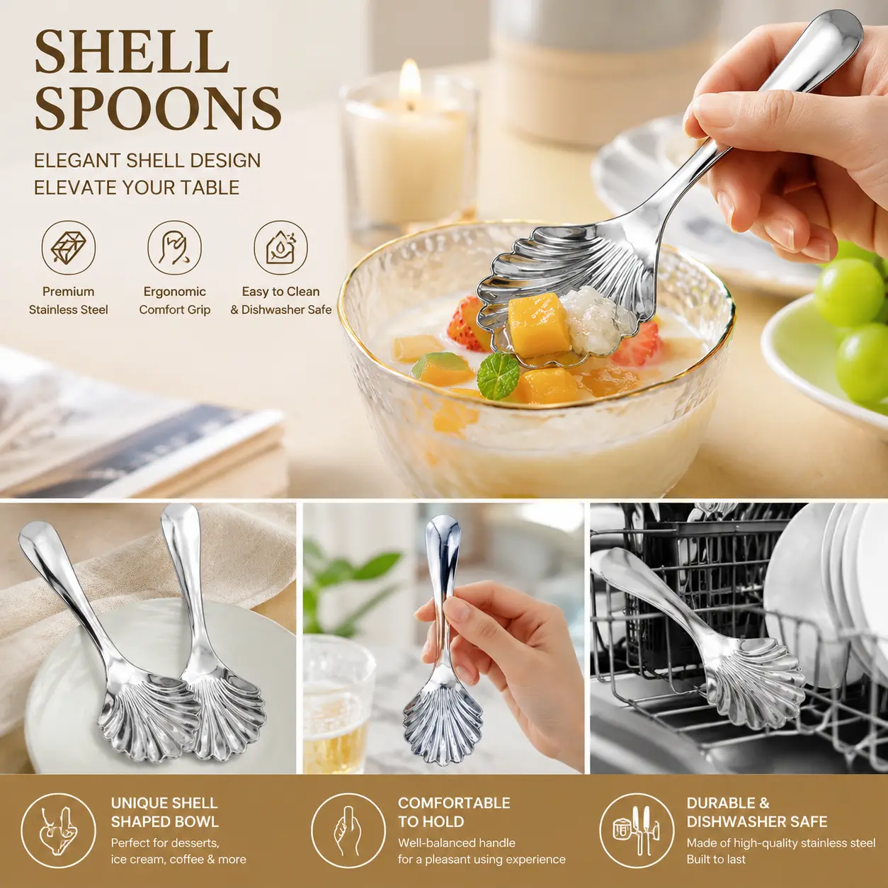 2Pcs Elegant Seashell-Shaped Coffee & Espresso Spoon Set - Portable Mini Cutlery Tableware Scoop for Sugar, Tea, Desserts, Camping Camp Kitchen Use