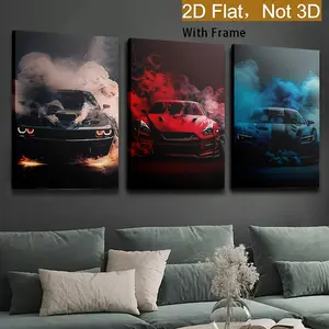 Vintage Supercar 3-Piece Wood Framed Wall Art Print Set - Triple Panels, 2D Flat, Artistic, Glossy, Waterproof, Box-Included, Minimalist Decoration for Living Room, Kitchen, Office