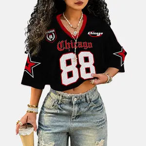 Women's Jersey Shirts Number Graphic Short Sleeve V Neck Tee Loose Crop Top
