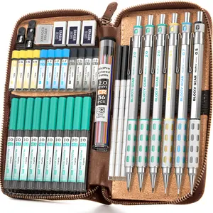 Nicpro Blocky Gear Metal Mechanical Pencil Set with Leather Bag, 40Pack Art Drafting Pencil 0.5, 0.7, 0.9 & 2mm Lead Pencil with 352Pack (6B 4B 2B HB 2H 4H Color) Lead Refills for Drawing Drafting