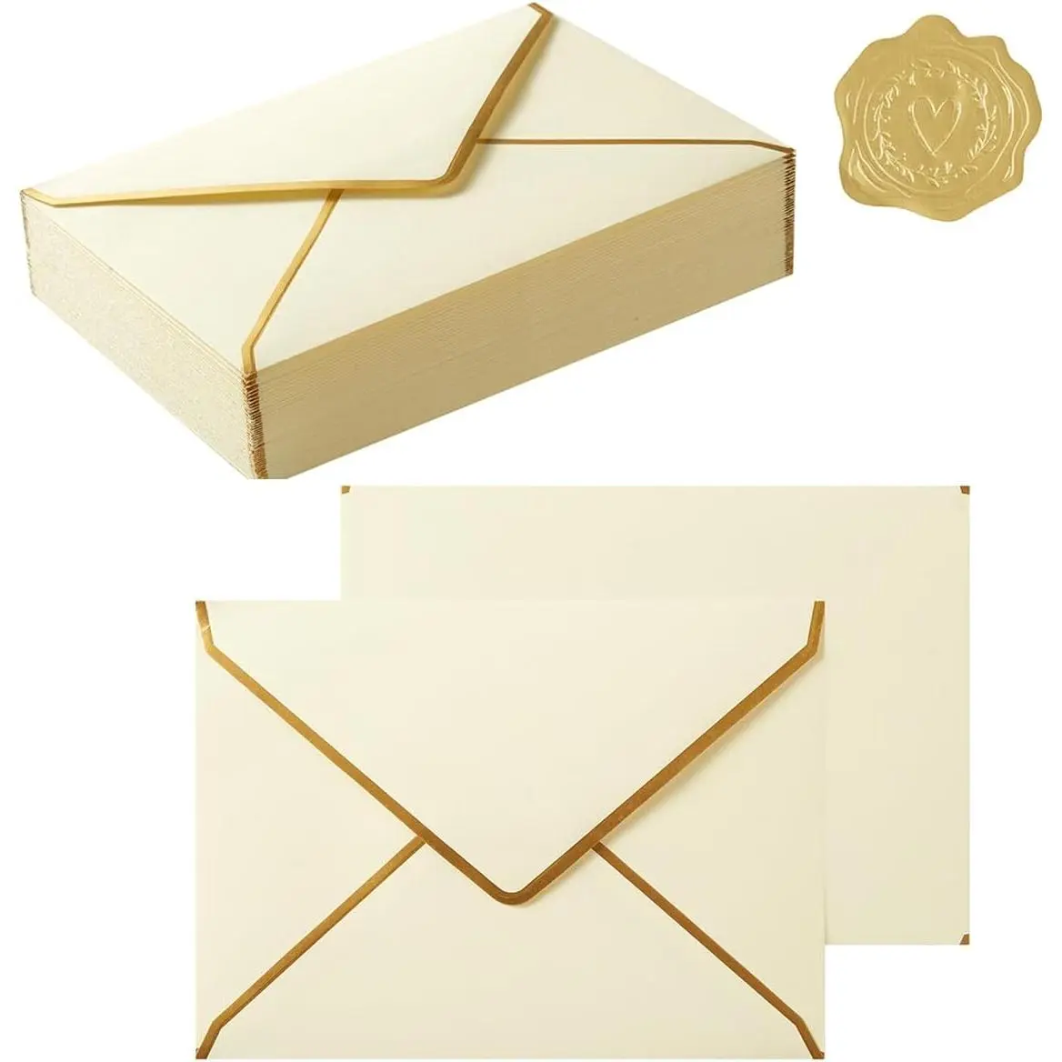 50 count A7 Envelopes with  Border, 5.24 x 7.21 Inches Envelopes with  Stickers for Greeting Cards and Invitation (Cream Color, A7-5x7)