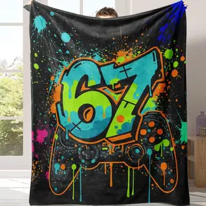 2D Flat Printing 1pc Brightly colored graffiti-style handle with numbers 67 Pattern Printed Blanket， weighted blanket，throw blanket，Flannel Fleece All Season Light Weight Living RoomBedroom Warm Blanket Christmas gift