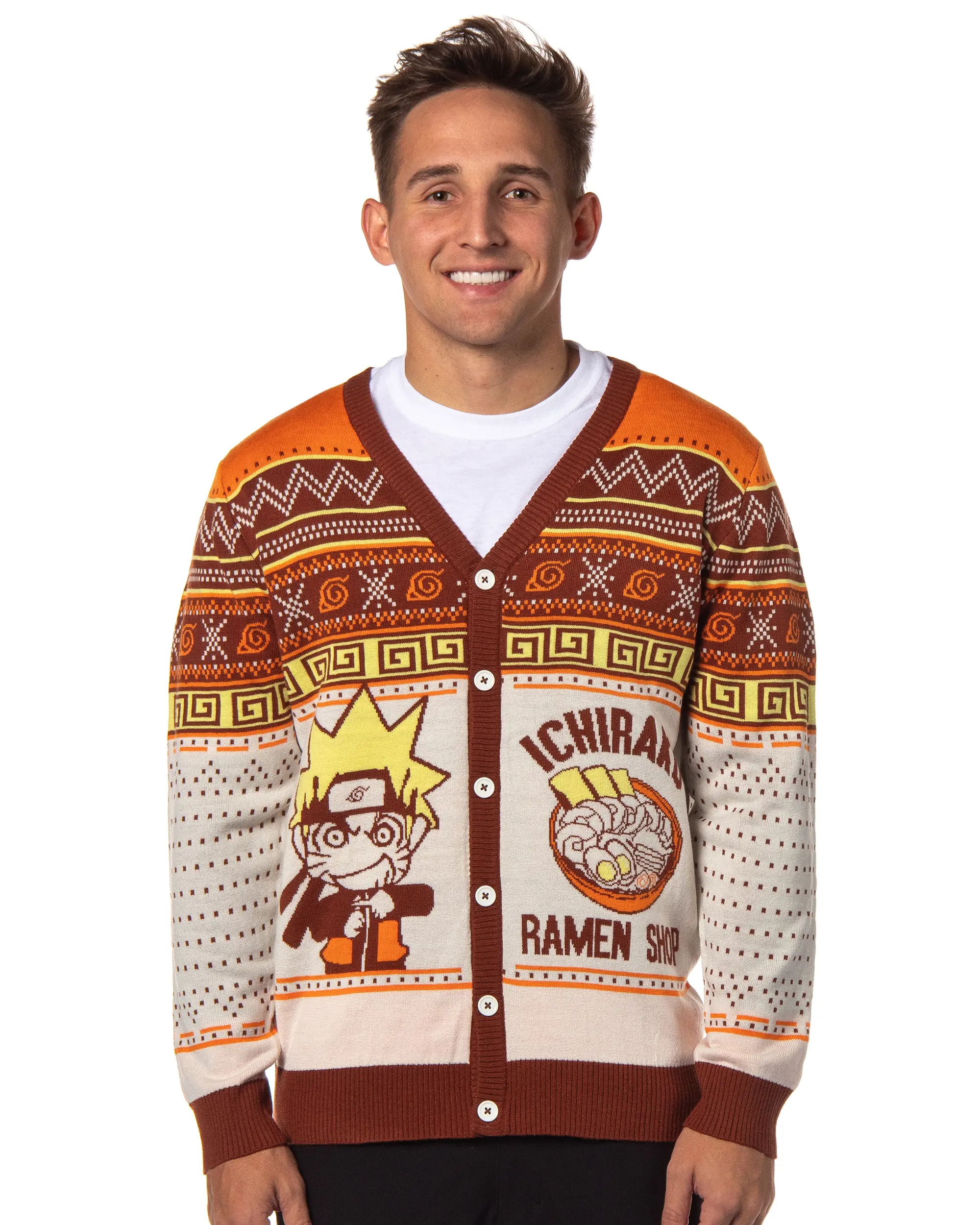 Naruto Shippuden Men's Ichiraku Ramen Shop Ugly Sweater for Christmas Button-Up Knit Cardigan, Tops, Garment, Apparel, Menswear