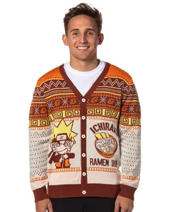 Naruto Shippuden Men's Ichiraku Ramen Shop Ugly Sweater for Christmas Button-Up Knit Cardigan