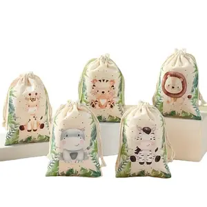 6pcs Jungle Wildlife Theme Shower Supplies and First Birthday Party Supplies, Gift Bags with Leaf and Jungle Animal Patterns (Printed with Elephant and Giraffe Designs), Fiber Drawstring Seals Suitable for Candy Packaging
