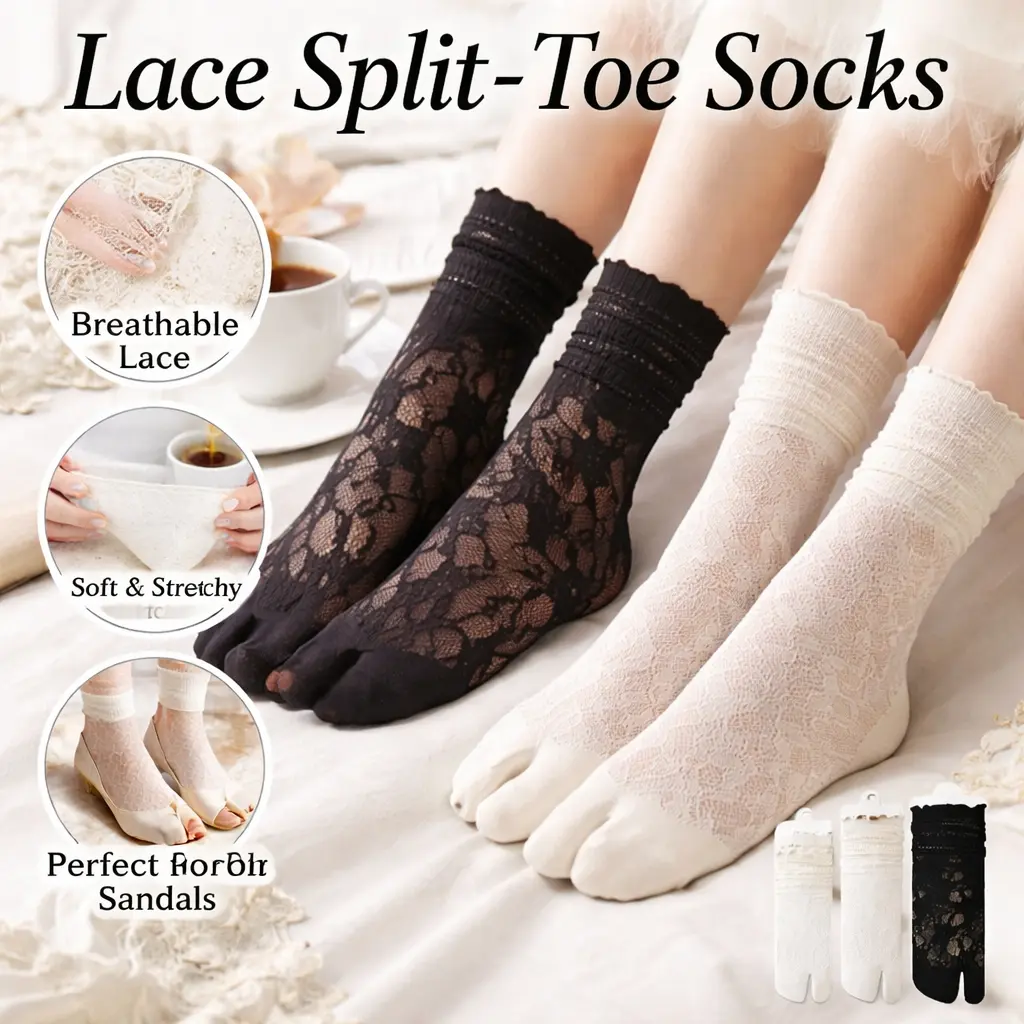 3-Pair Lace Tabi Socks – Sexy Mesh Slouch Socks, Split Toe Fishnet Design for Women – Novelty Socks for Sandals, Flats & Home Wear