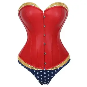 Sexy Corset Women Ovebust Bustier Halloween Superhero Plus Size Costume Red Faux Leather Steampunk Corselet(gift)Gift