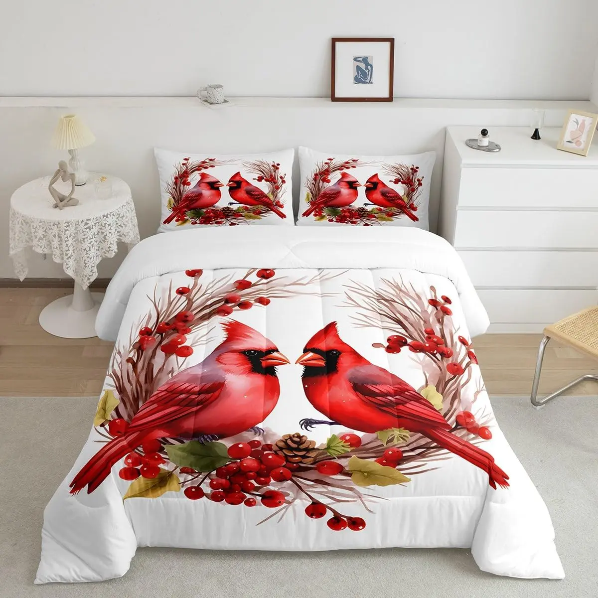 Feelyou Microfiber Beddingsets - Red Cardinals, Cute Birds, Pine Cones Themed Kids Comforter Duvet Quilt Set for Room Decor