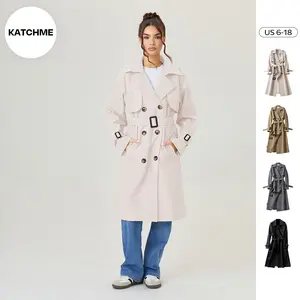 KatchMe Women's Versatile Solid Color Notch Lapel Double Breasted Detachable Belt Trench Coat, Fall & Winter Wrap Tie Waist Outerwear Jacket, Mid-Length Trench Coat（CN）