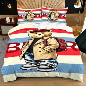 Handsome teddy bear printed pattern duvet cover set, including 1 duvet cover and 1 or 2 pillowcases, without a core or pillow, suitable for bedroom or dormitory bedding set, suitable for gift giving or personal use