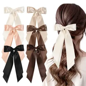6PCS Silky Satin Hair Bows, Bow Hair Clips with Long Tail, Hair Ribbon Ponytail Holder Accessories, Alligator Metal Clips Hair Bows for Women Girls