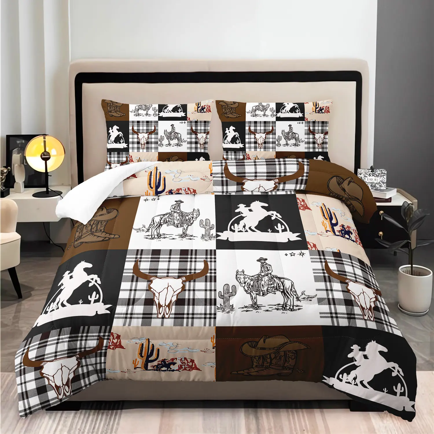 Queen 3-Piece Rustic Western Print Microfibre Comforter Set - Soft, Breathable, Warm All-Seasons Duvet Set with 2 Pillowcases, Machine-Wash, Ideal for Girls’ Bedrooms, Family Gifts