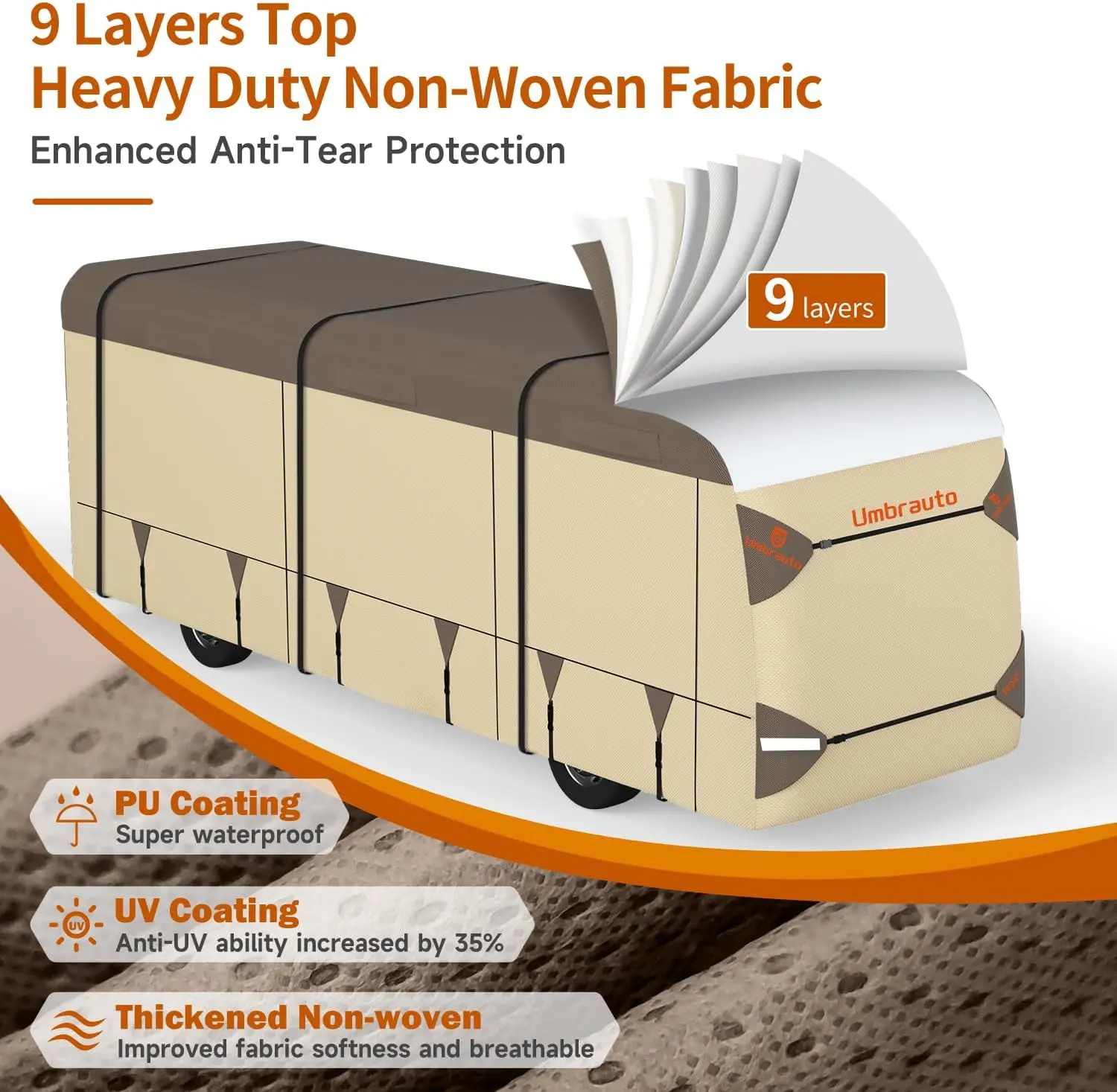 Umbrauto Class A RV Cover  – Upgraded Heavy-Duty 9-Layers Top Class A Motorhome Cover, Windproof & Breathable Toy Hauler Travel Trailer Covers Includes 3 Extra Straps & Gutter Cover