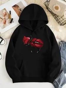 Women's Rose & Lip Print Drop Shoulder Hoodie, Fashion Casual Drawstring Pocket Hooded Sweatshirt for Daily Holiday Outdoor Wear, Women Clothing for Fall & Winter