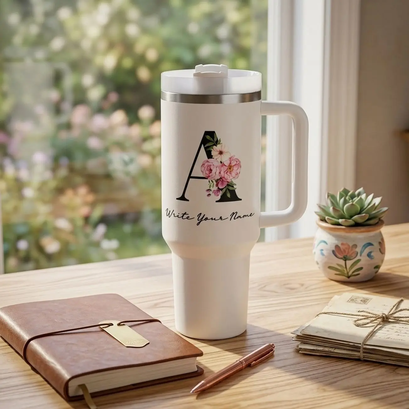 Personalized Floral Monogram 20oz/30oz/40oz Stainless Steel Tumbler with Handle – Double Wall Vacuum Insulated Travel Mug, Custom Initial Drinkware Gift