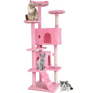Heavy Duty Cat Tree, 70 Inch Tall Tower with 3 Top Perches Platforms & 2 Cozy Condos, Climbing Tower with Ladders & Sisal Pole, Scratching Tree for Large Cats Play House, Pink