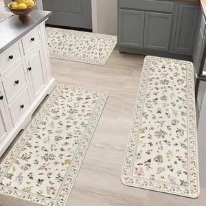 Floral Shaggy Soft Hallway Runner Rug 3-Piece Set Non-Slip Entryway Mat Washable Farmhouse Kitchen Area Carpet for Bathroom Bedroom Kitchen Laundry Room Comfortable Long Strip Rug cozy floor flower pattern floor mat