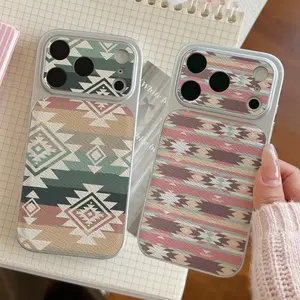 Southwestern Aztec Stripe phone case for iPhone 17/16/15/14/13/12/11 Pro Max Plus/AIR/E,PU leather + TPU silver soft edge dropproof shockproof protective cover All iPhone models can be transformed to look like an iPhone 17 Pro Max Gifts for Aztec