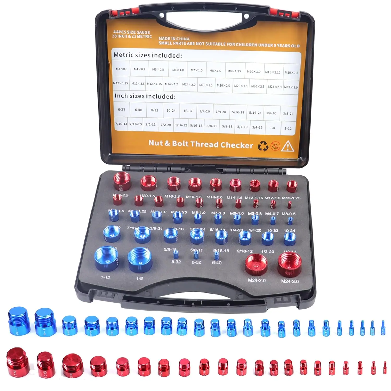 44pcs Nut and Bolt Thread Checker, 23 Inch & 21 Metric Box Set Thread Gauge, Thread Checker Standard and Metric Suitable for Size Checker of Bolts or Nuts in Narrow Areas Hex Cap Screws Auto Mechanics