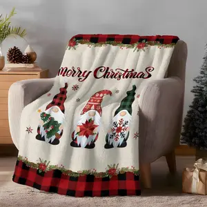 Merry Christmas Gnome on Beige Throw Blanket Warm Cozy Blankets,Lightweight Soft Blanket for Couch Sofa Bed Outdoor, Red Black Checkered Plaid