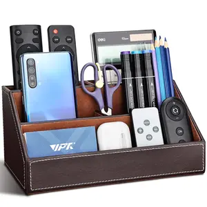 KINGFOM Pu Leather Desk Organizer with 5 Compartments Holder, Multi-Functional Office Supplies Storage Caddy for Pen/Pencil, Phones, Remote Controller and Desktop Accessories