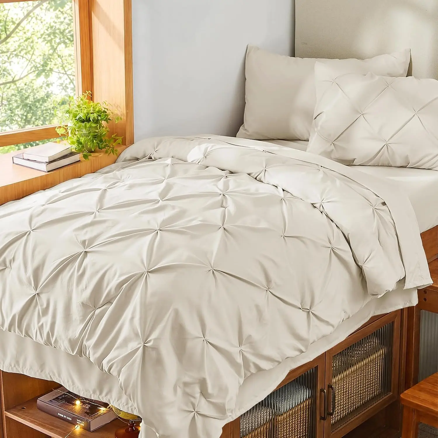 Sasttie Twin XL Comforter Set, 5-Piece Bed in a Bag, Pintuck Bedding Sets for All Season, Includes Comforter, Flat Sheet, Fitted Sheet, Pillowcase and Pillowsham, Beige