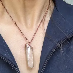 Brazilian Strawberry Quartz Lemurian Point Copper Pendant - 1.75’’