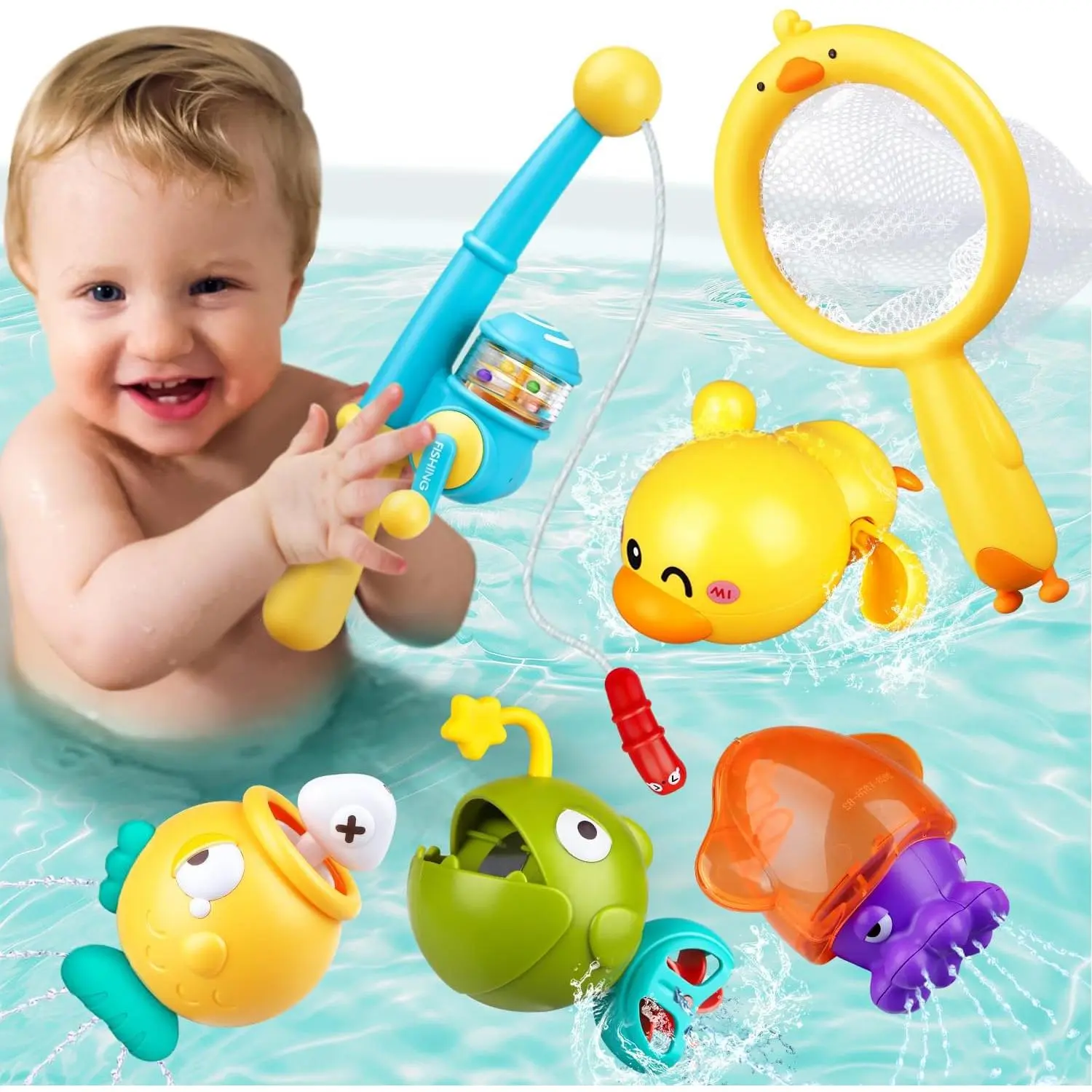 Baby Bath Toys  Kids Ages 1-3, Magnetic Fishing Games with Floating Bathtub Wind-Up Toys & Fishing Net, Fishing Rod Water Pool Toys  Toddlers 1-3