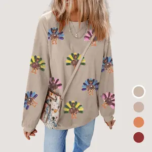 Women's Sequin Turkey Graphic Corded Drop Shoulder Thanksgiving Day Baggy Sweatshirt, Glitter Christmas Fashion Pattern Festive Pullover