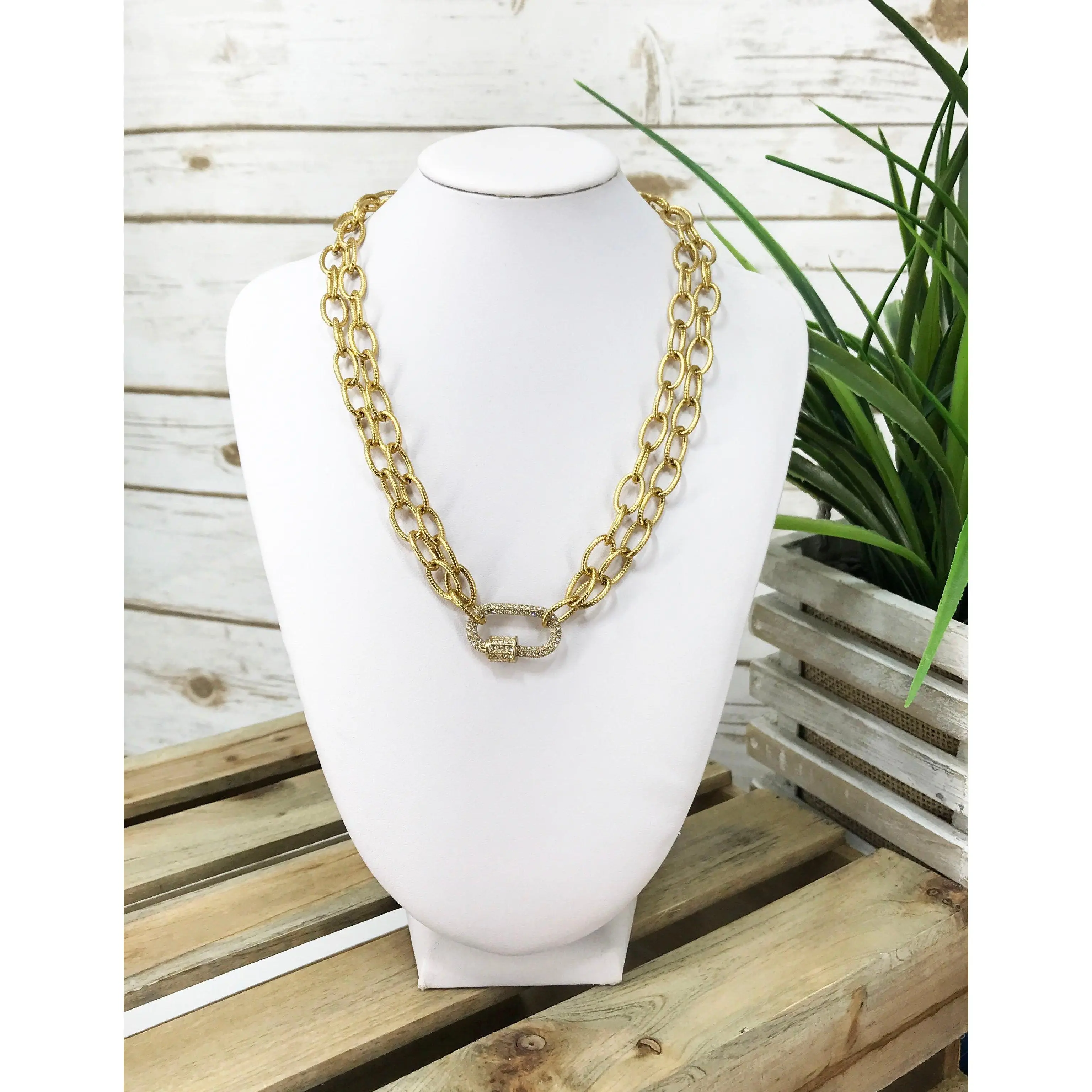 Pave Carabiner & Double Row Chain Necklace - N654