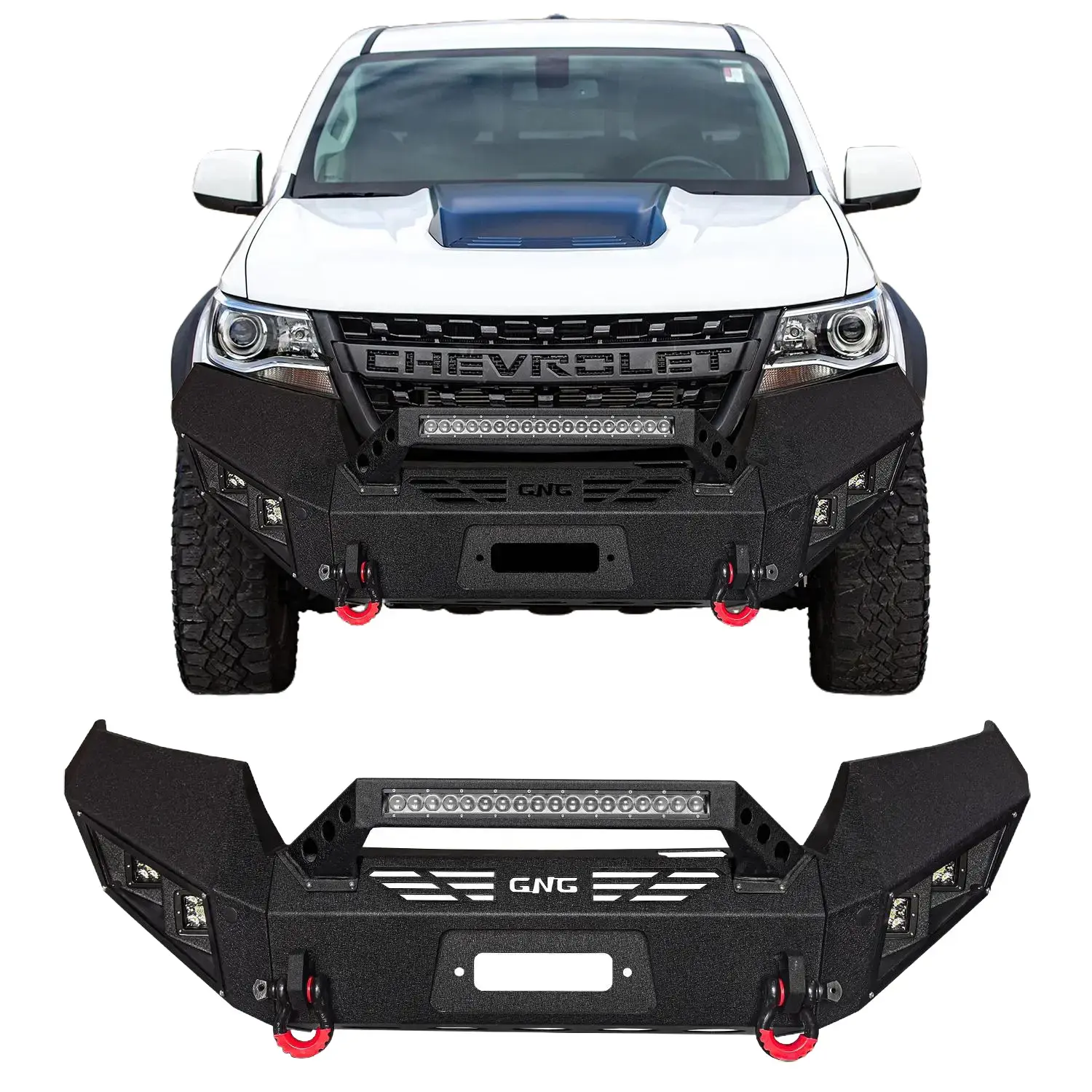 TIOYAR Black Textured Steel Front Bumper for 2015-2022 Chevrolet Colorado Vehicle - Equipped with Winch Plate, LED Lights, 2 D-Rings for Off-Road Use Simple screw installation