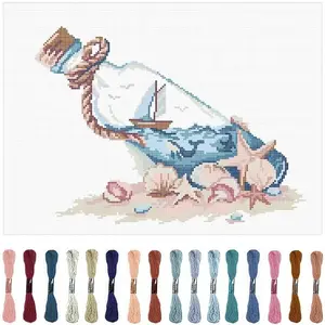 Cross Stitch DIY Art Kit, Ocean Bottle Cross Stitch Decoration, Beginner Friendly, Includes Fabric, Threads, Tools, Instructions