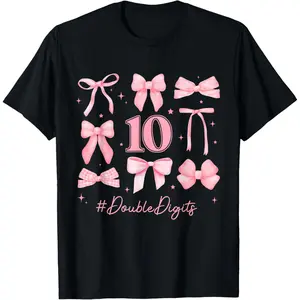 Double Digits Birthday Girl 10th Birthday Coquette Bow Pink T-Shirt ,Made in USA