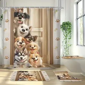 Funny Dog Theme Shower Curtain Set, Non-Slip Mat, U-Shaped Rug, Toilet Lid Cover, Perfect for Bathroom Decor, Bathroom Decoration Accessories, Includes 12 Hooks