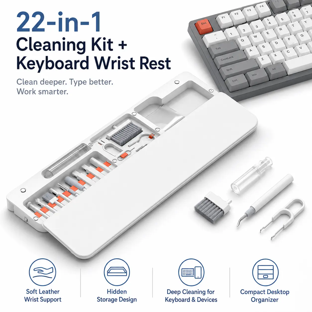 22-in-1 Keyboard Cleaning Kit with Wrist Rest Magnetic Desk Organizer for Home Office 22-in-1 Keyboard Cleaning Kit with Wrist Rest Magnetic Desk Organizer for Home Office