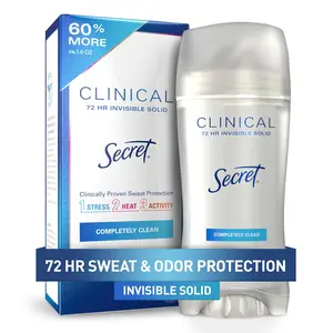 Secret Clinical Strength Antiperspirant Deodorant for Women 3X Stress Protection 72hr Sweat & Odor Protection In Daily visible Solid Completely Clean Scent 2.6 oz Body Care Clear Gentle Cleanser