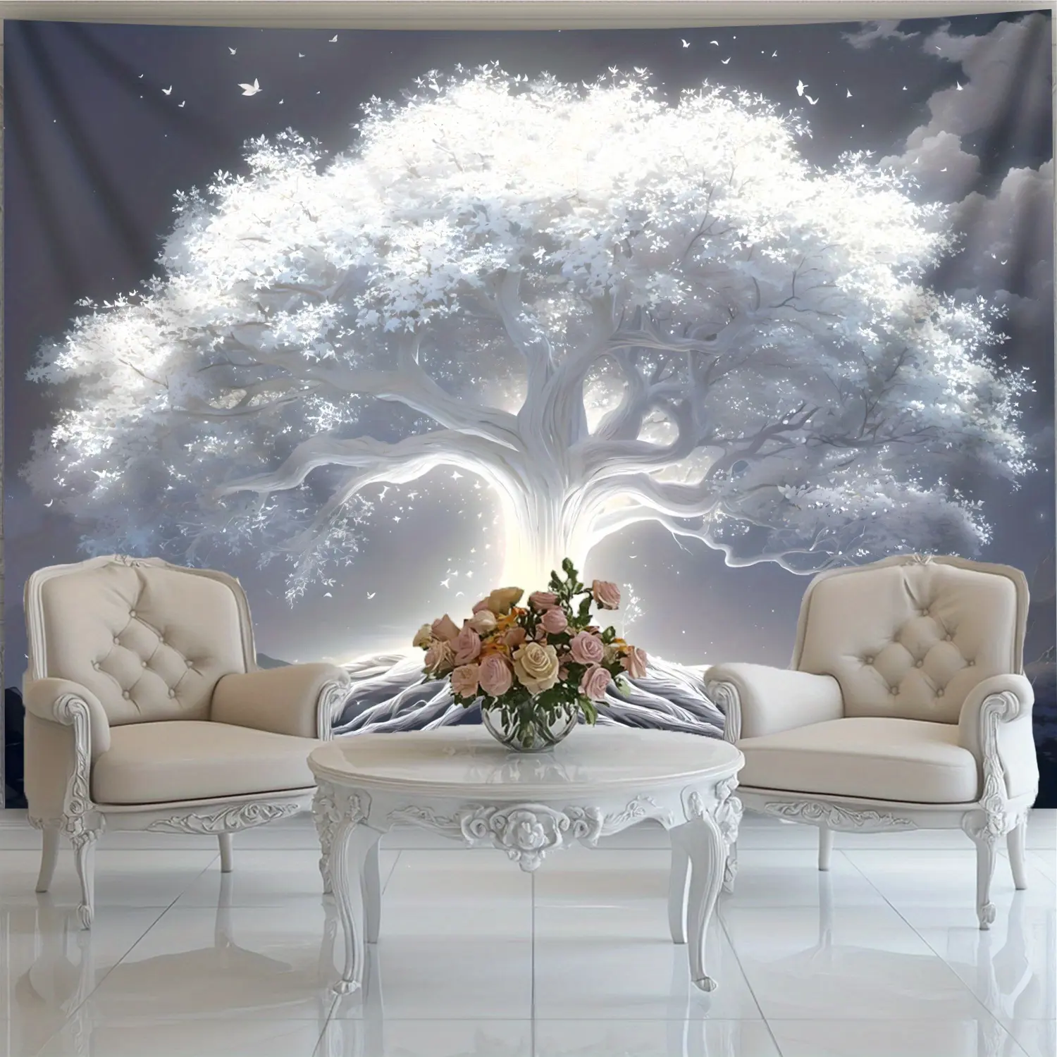 1pc White Tree of Life Polyester Tapestry - Durable Home Decor Wall Hanging, Decor Accessories, Room Art Print with Dramatic Mountain-Sunset Background for Light Romantic Ambiance