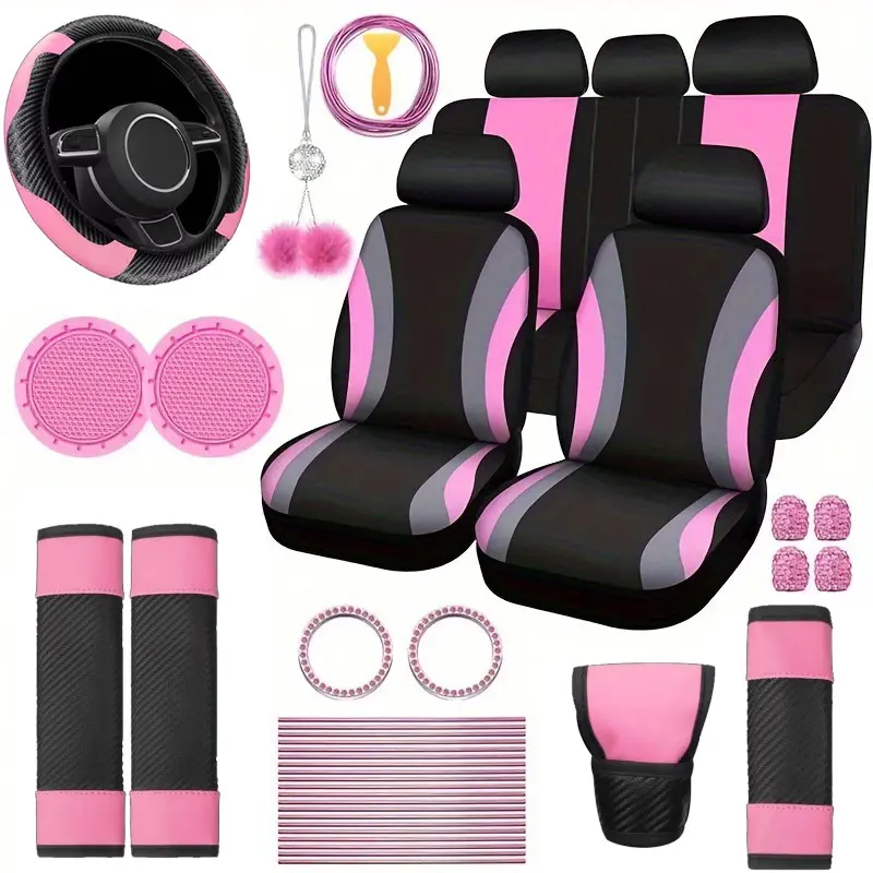 Luxury Car Seat & Interior Set: Car Interior Accessories, Polyester 5-Seater Seat Covers, Plush Hanging Charms, PU Leather Steering Wheel Cover, Shoulder Pads, Gear Shift Cover, and Other Decorative Items; Fits Most Sedan and SUV Models