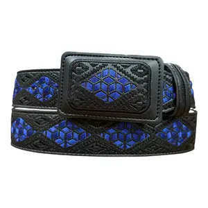 Cinto Negro Vaquero Bordado Piteado de Piel Cinto Charro Men’s Black Western Embroidered Leather Belt