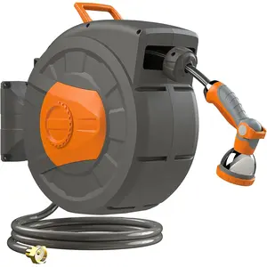 Retractable Garden Hose Reel 100 FT, 1/2" Heavy Duty Garden Hose 435 PSI Burst Pressure, Wall Mounted Water Hose Reel with 10-Pattern Nozzle, 180 °   Swivel, Slow Auto Rewind & Any Length Lock