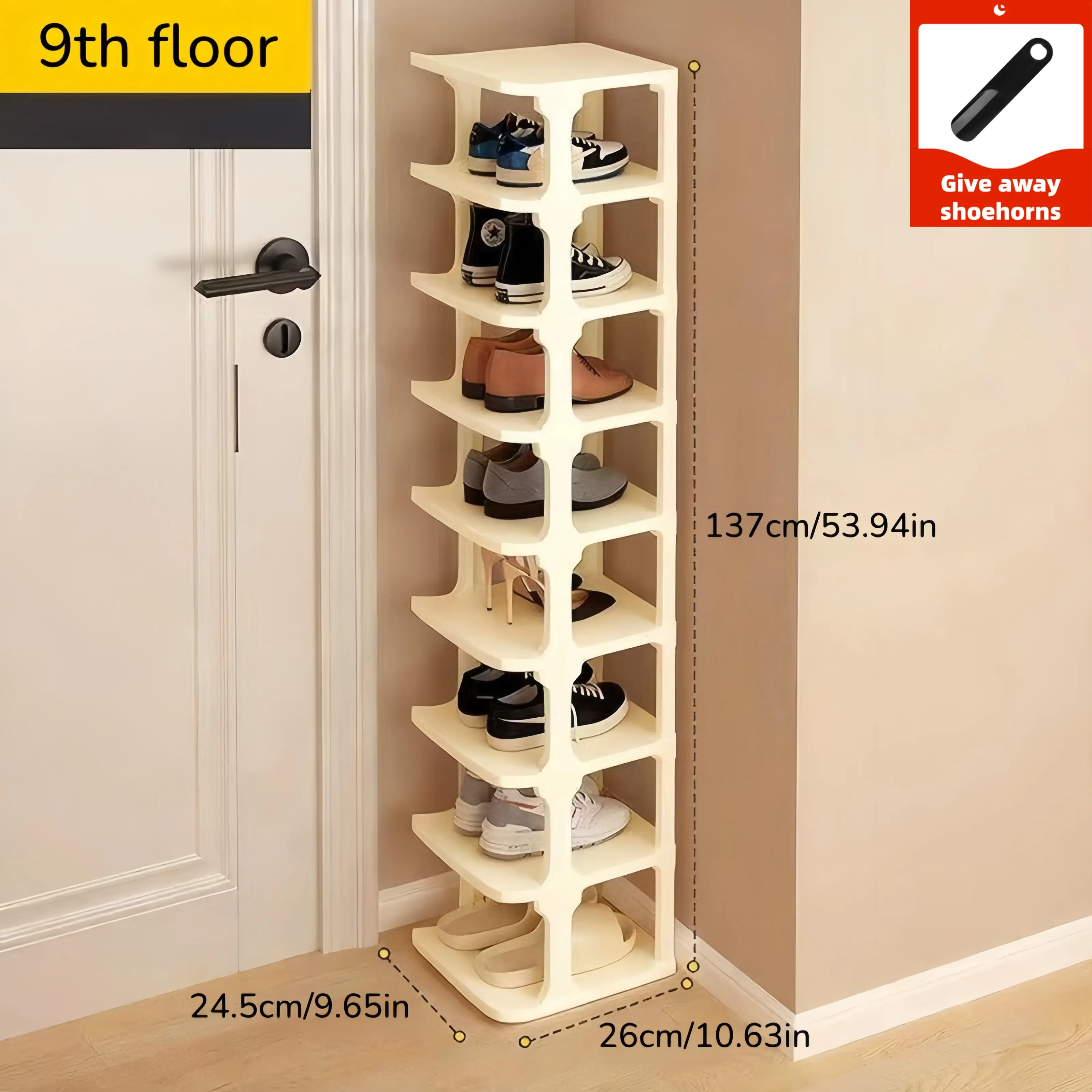 9th Floor Shoe Rack - 3-Tier, 6-Tier, and 9-Tier Options in White and Black - 137cm/53.94in Height - 24.5cm/9.65in Width - 26cm/10.63in Depth - Give Away Shoe Horns