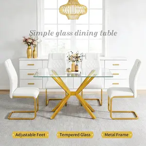 Modern 47.24-Inch Rectangular Glass Dining Table, Kitchen Table with Gold Metal Legs,Adjustable Feet, Stable and Durable, Supports 220 lbs, Easy to Assemble, for Kitchen and Dining Room