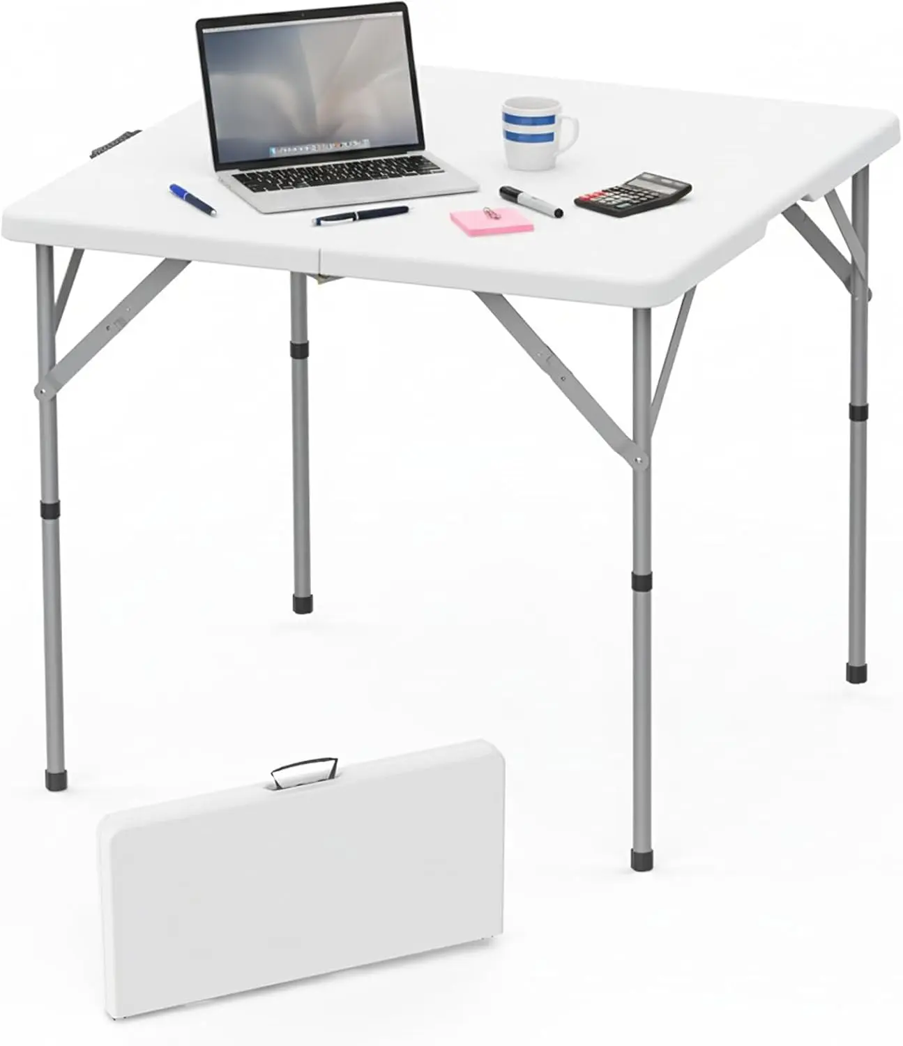 34'' Square Folding Card Table, Fold-in-Half Portable Dining Table with Handle and Safety Lock, Foldable Plastic Dining Table Indoor Outdoor for Camping, Picnic and Party Event, White