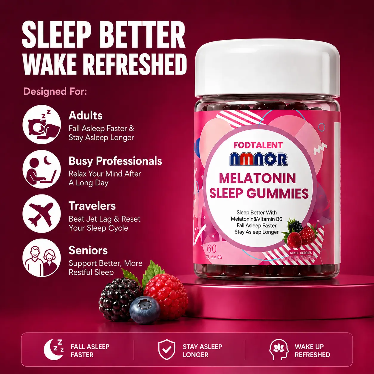 NMNOR Melatonin Vitamin Gummies - Mixed Berry Flavor Chewable Gummy Bears, 60 Pieces Adult Dietary Supplement Bottle That Supports Sleep
