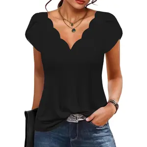 Womens Summer Tops Seashell Edge V Neck Shirts Petal Short Sleeve Top Dressy Casual Tunic BlousesGift
